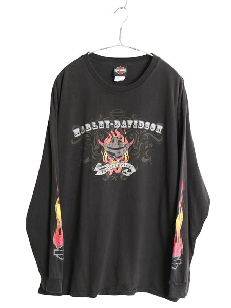 00s ハーレー ダビッドソン 4面 プリント 長袖 Tシャツ メンズ XL / オールド ロンT スカル ファイヤー パターン イラスト 大きいサイズ 黒