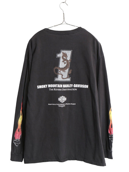 00s ハーレー ダビッドソン 4面 プリント 長袖 Tシャツ メンズ XL / オールド ロンT スカル ファイヤー パターン イラスト 大きいサイズ 黒