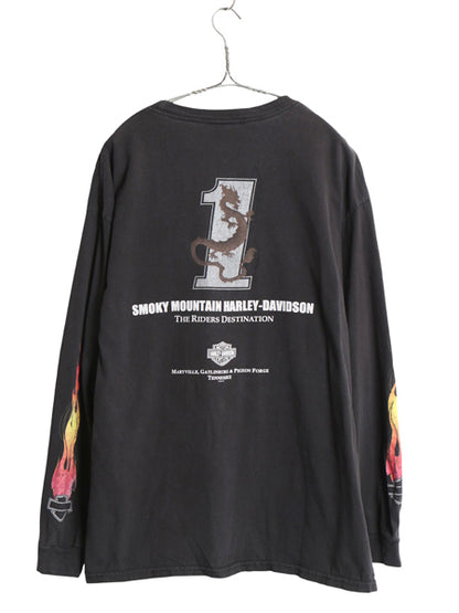 00s ハーレー ダビッドソン 4面 プリント 長袖 Tシャツ メンズ XL / オールド ロンT スカル ファイヤー パターン イラスト 大きいサイズ 黒