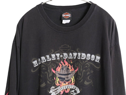 00s ハーレー ダビッドソン 4面 プリント 長袖 Tシャツ メンズ XL / オールド ロンT スカル ファイヤー パターン イラスト 大きいサイズ 黒