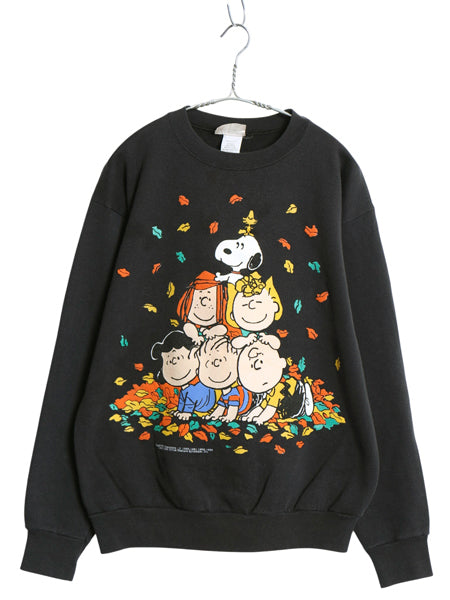 90s USA製 スヌーピー プリント スウェット メンズ レディース L / オールド ピーナッツ オフィシャル キャラクター トレーナー 裏起毛 黒