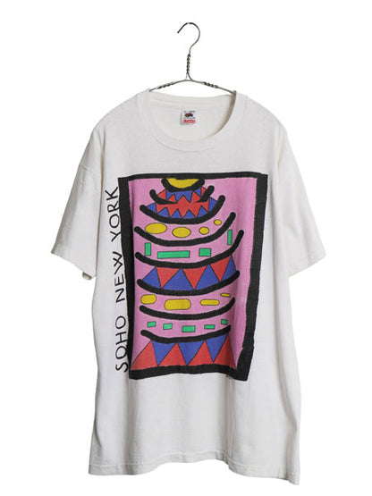 90s USA製 アート イラスト プリント 半袖 Tシャツ メンズ XL / オールド シングルステッチ グラフィック ヘビーウェイト 大きいサイズ 白