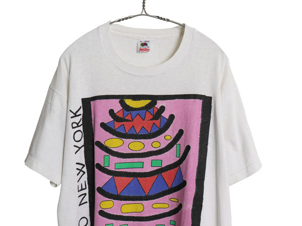 90s USA製 アート イラスト プリント 半袖 Tシャツ メンズ XL / オールド シングルステッチ グラフィック ヘビーウェイト 大きいサイズ 白