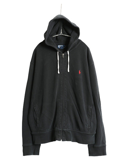 00s ポロ ラルフローレン フルジップ 鹿の子 フード パーカー メンズ XL / オールド スウェット トレーナー ワンポイント 大きいサイズ 黒