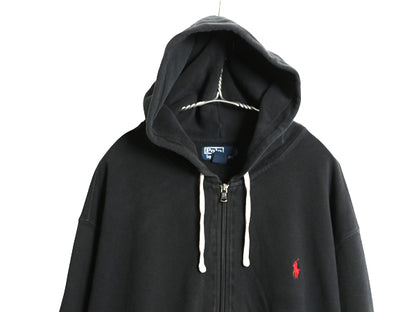 00s ポロ ラルフローレン フルジップ 鹿の子 フード パーカー メンズ XL / オールド スウェット トレーナー ワンポイント 大きいサイズ 黒