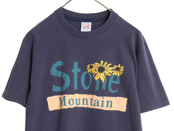 90s USA製 ひまわり アート イラスト プリント Tシャツ メンズ レディース M オールド フラワー グラフィック ヘビーウェイト コットン 紺