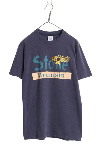 90s USA製 ひまわり アート イラスト プリント Tシャツ メンズ レディース M オールド フラワー グラフィック ヘビーウェイト コットン 紺