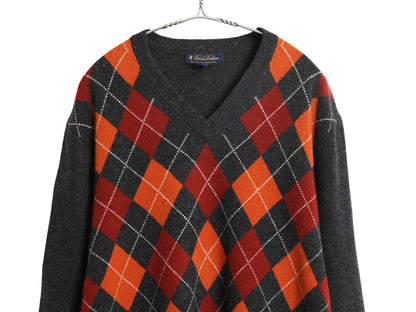 ブルックスブラザーズ アーガイル ニット セーター メンズ XL 古着 スコットランド製 ラム ウール Vネック シンプル 大きいサイズ ゆったり