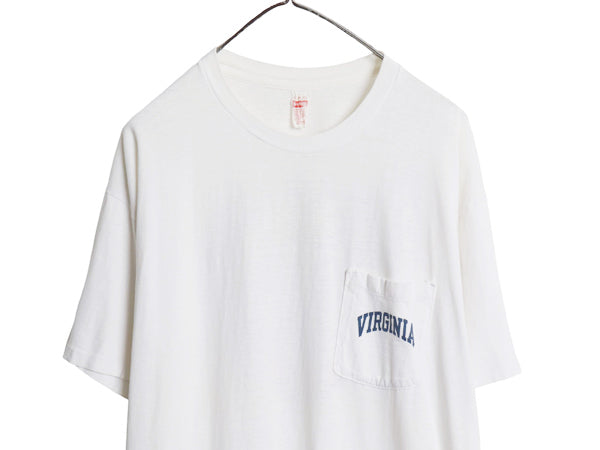 70s 80s USA製 ポケット付き 両面 カレッジ プリント Tシャツ メンズ XL ヴィンテージ ポケT シングルステッチ カットソー 大きいサイズ 白