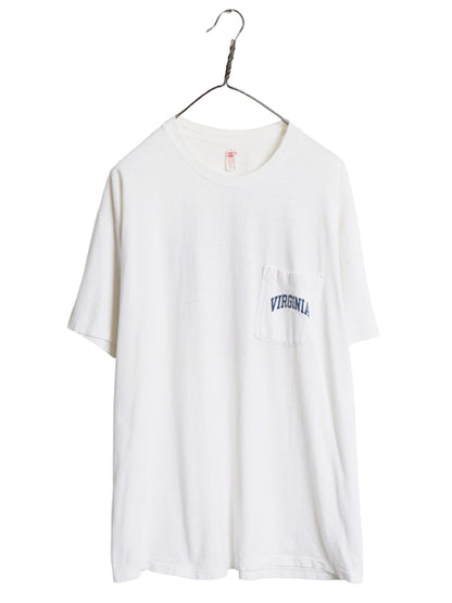 70s 80s USA製 ポケット付き 両面 カレッジ プリント Tシャツ メンズ XL ヴィンテージ ポケT シングルステッチ カットソー 大きいサイズ 白