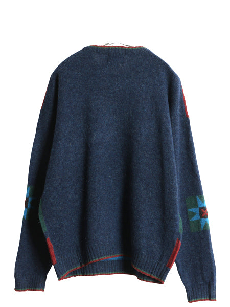 90s ウールリッチ デザイン ニット セーター メンズ XL / オールド 絵柄 立体編み ウール マルチカラー アップル アニマル 大きいサイズ 紺