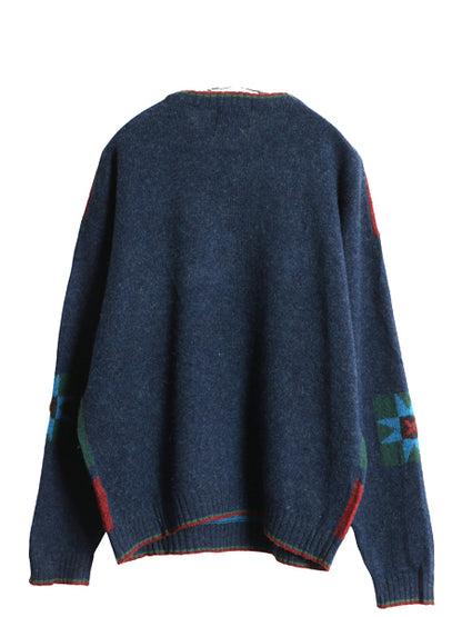 90s ウールリッチ デザイン ニット セーター メンズ XL / オールド 絵柄 立体編み ウール マルチカラー アップル アニマル 大きいサイズ 紺