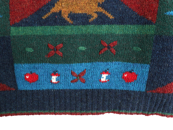 90s ウールリッチ デザイン ニット セーター メンズ XL / オールド 絵柄 立体編み ウール マルチカラー アップル アニマル 大きいサイズ 紺