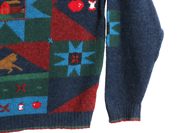 90s ウールリッチ デザイン ニット セーター メンズ XL / オールド 絵柄 立体編み ウール マルチカラー アップル アニマル 大きいサイズ 紺