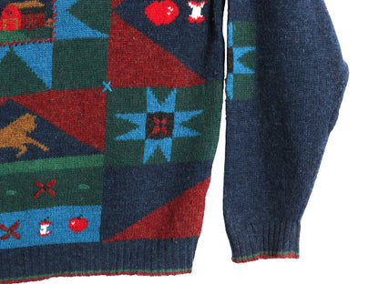 90s ウールリッチ デザイン ニット セーター メンズ XL / オールド 絵柄 立体編み ウール マルチカラー アップル アニマル 大きいサイズ 紺