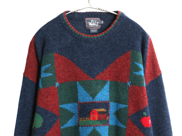 90s ウールリッチ デザイン ニット セーター メンズ XL / オールド 絵柄 立体編み ウール マルチカラー アップル アニマル 大きいサイズ 紺