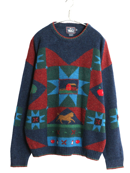 90s ウールリッチ デザイン ニット セーター メンズ XL / オールド 絵柄 立体編み ウール マルチカラー アップル アニマル 大きいサイズ 紺
