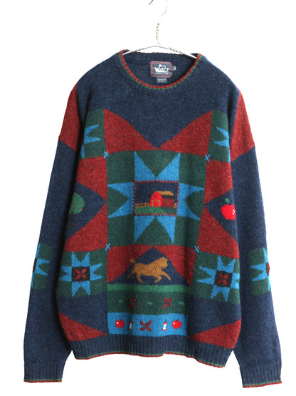 90s ウールリッチ デザイン ニット セーター メンズ XL / オールド 絵柄 立体編み ウール マルチカラー アップル アニマル 大きいサイズ 紺