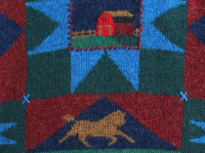 90s ウールリッチ デザイン ニット セーター メンズ XL / オールド 絵柄 立体編み ウール マルチカラー アップル アニマル 大きいサイズ 紺