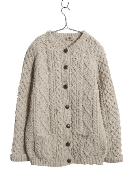 アイランド製 フィッシャーマン ウール ニット カーディガン レディース M 古着 ハンドメイド アラン ケーブル 前開き 丸首 羽織り重ね着