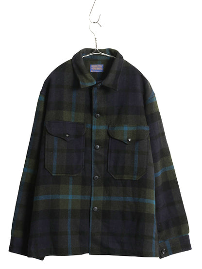 60s USA製 ★ ペンドルトン ウール シャツ ジャケット メンズ L 古着 ヴィンテージ チェック ヘビーウェイト CPO ボックス ブルゾン 紺 緑