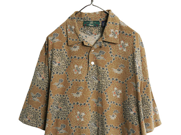 90s オービス 総柄 オープンカラー 半袖 ポロシャツ メンズ XL 古着 オールド 半袖シャツ 和柄 マルチカラー ループ留め 開襟 大きいサイズ