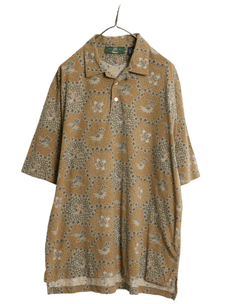 90s オービス 総柄 オープンカラー 半袖 ポロシャツ メンズ XL 古着 オールド 半袖シャツ 和柄 マルチカラー ループ留め 開襟 大きいサイズ
