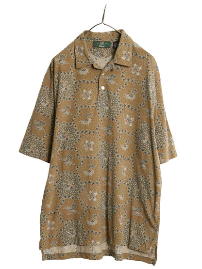90s オービス 総柄 オープンカラー 半袖 ポロシャツ メンズ XL 古着 オールド 半袖シャツ 和柄 マルチカラー ループ留め 開襟 大きいサイズ
