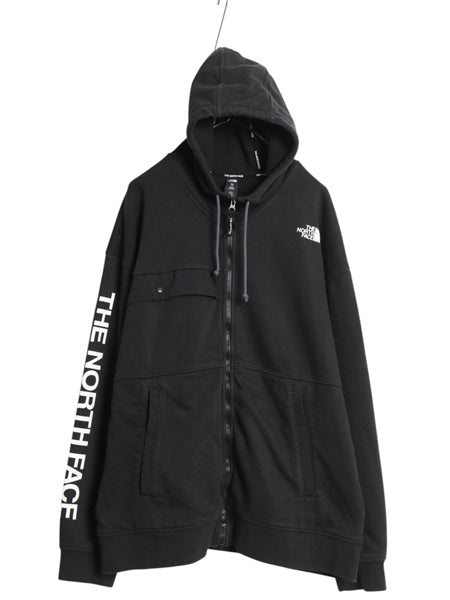 US企画 ノースフェイス フルジップ スウェット フード パーカー メンズ XL / トレーナー 裏起毛 袖 プリント ハイネック 黒 大きいサイズ