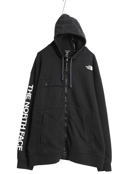 US企画 ノースフェイス フルジップ スウェット フード パーカー メンズ XL / トレーナー 裏起毛 袖 プリント ハイネック 黒 大きいサイズ