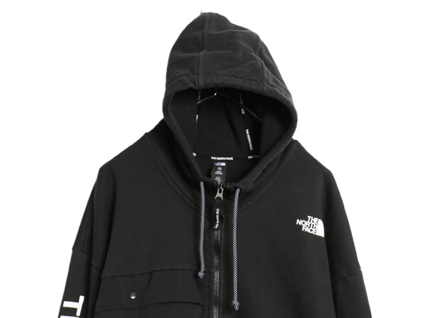 US企画 ノースフェイス フルジップ スウェット フード パーカー メンズ XL / トレーナー 裏起毛 袖 プリント ハイネック 黒 大きいサイズ