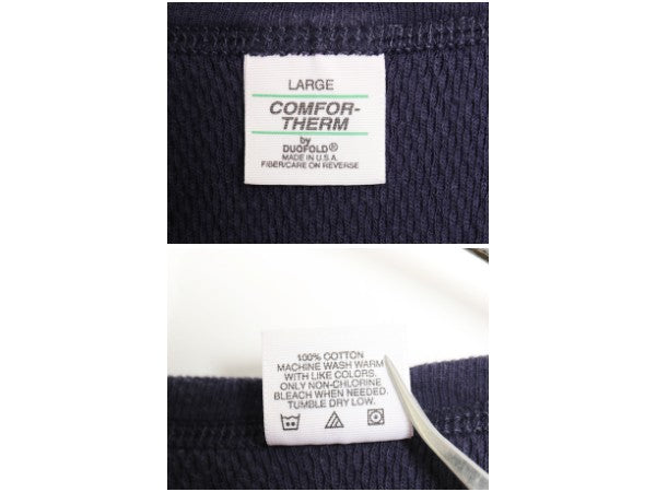 90s USA製 デュオフォールド 長袖 サーマル Tシャツ L 小さめ メンズ M 程/ オールド 100% コットン アンダーシャツ ワッフル インナー 紺