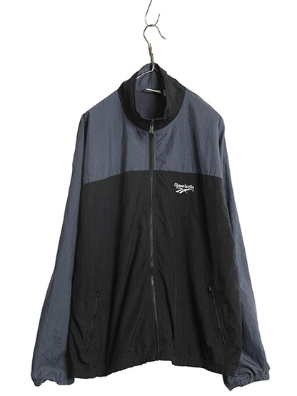 90s リーボック フルジップ ナイロン トラック ジャケット メンズ L 古着 オールド ウインドブレーカー ジャンパー ビッグ ロゴ刺繍 黒 灰