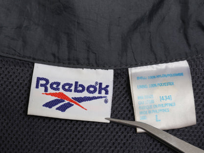 90s リーボック フルジップ ナイロン トラック ジャケット メンズ L 古着 オールド ウインドブレーカー ジャンパー ビッグ ロゴ刺繍 黒 灰