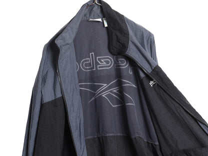 90s リーボック フルジップ ナイロン トラック ジャケット メンズ L 古着 オールド ウインドブレーカー ジャンパー ビッグ ロゴ刺繍 黒 灰