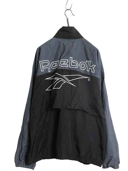90s リーボック フルジップ ナイロン トラック ジャケット メンズ L 古着 オールド ウインドブレーカー ジャンパー ビッグ ロゴ刺繍 黒 灰