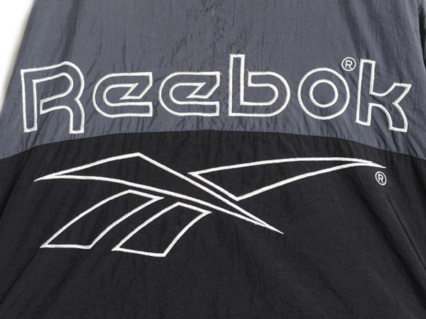 90s リーボック フルジップ ナイロン トラック ジャケット メンズ L 古着 オールド ウインドブレーカー ジャンパー ビッグ ロゴ刺繍 黒 灰
