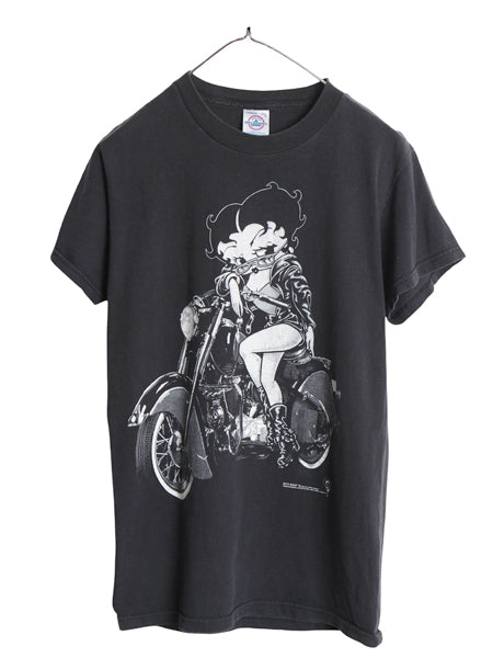 90s ベティブープ イラスト 両面 プリント Tシャツ メンズ レディース S 古着 オールド キャラクター ベティちゃん バイク オフィシャル 黒