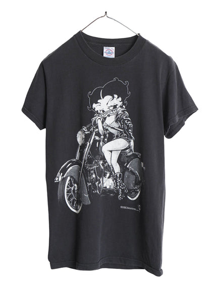 90s ベティブープ イラスト 両面 プリント Tシャツ メンズ レディース S 古着 オールド キャラクター ベティちゃん バイク オフィシャル 黒