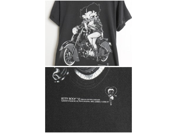 90s ベティブープ イラスト 両面 プリント Tシャツ メンズ レディース S 古着 オールド キャラクター ベティちゃん バイク オフィシャル 黒
