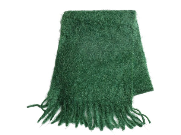 70s 西ドイツ製 100% モヘア マフラー メンズ レディース 古着 ヴィンテージ 無地 スカーフ ストール フリンジ付き シンプル グリーン 毛長
