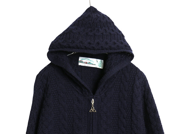 90s アイルランド製 aran crafts ケーブル ニット パーカー レディース M オールド メリノ ウール フルジップ ジャケット セーター ロング