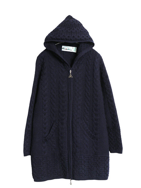 90s アイルランド製 aran crafts ケーブル ニット パーカー レディース M オールド メリノ ウール フルジップ ジャケット セーター ロング
