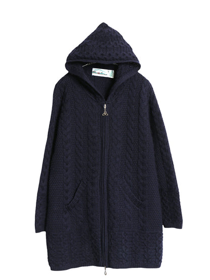 90s アイルランド製 aran crafts ケーブル ニット パーカー レディース M オールド メリノ ウール フルジップ ジャケット セーター ロング