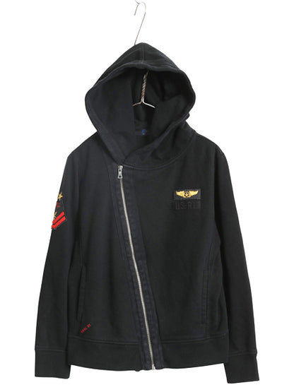 ポロ ラルフローレン フルジップ スウェット フード パーカー レディース M ミリタリー 革ジャン ライダーズ タイプ  トレーナー 裏起毛 黒
