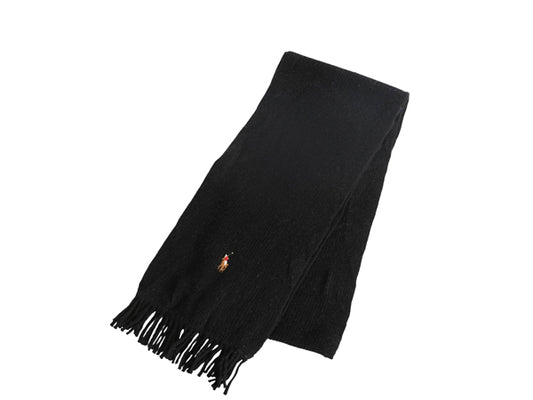 ポロ ラルフローレン フリンジ付き マフラー メンズ レディース 古着 メリノ ウール リブ編み ワンポイント シンプル ブラック 防寒 ロング