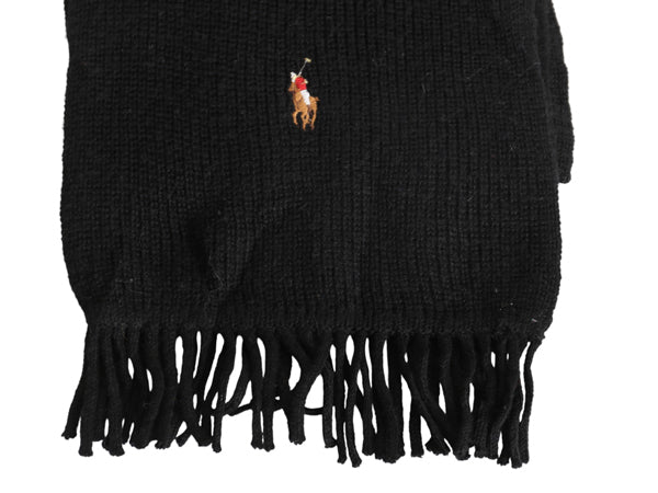ポロ ラルフローレン フリンジ付き マフラー メンズ レディース 古着 メリノ ウール リブ編み ワンポイント シンプル ブラック 防寒 ロング