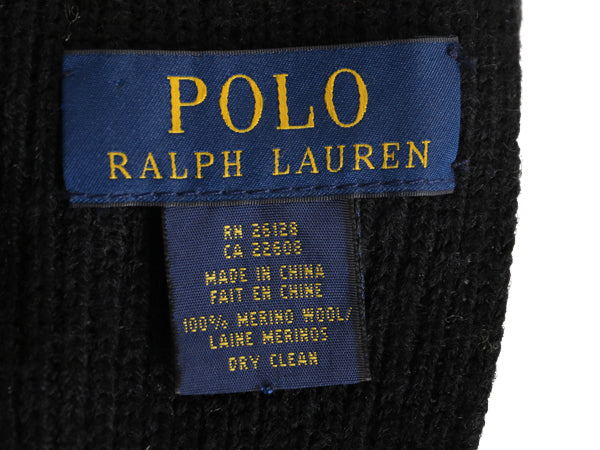 ポロ ラルフローレン フリンジ付き マフラー メンズ レディース 古着 メリノ ウール リブ編み ワンポイント シンプル ブラック 防寒 ロング