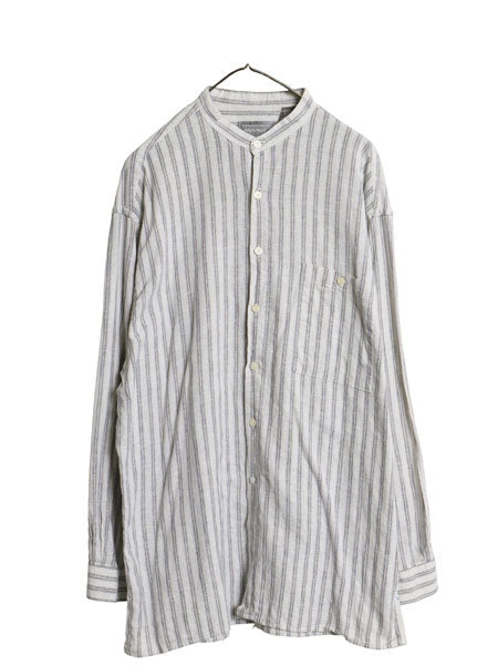 80s LORD&TAYLOR バンドカラー 長袖 シャツ メンズ XL / 古着 ヴィンテージ リネン コットン ストライプ ノーカラー ボックス 大きいサイズ