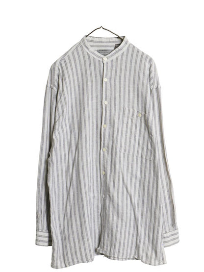 80s LORD&TAYLOR バンドカラー 長袖 シャツ メンズ XL / 古着 ヴィンテージ リネン コットン ストライプ ノーカラー ボックス 大きいサイズ